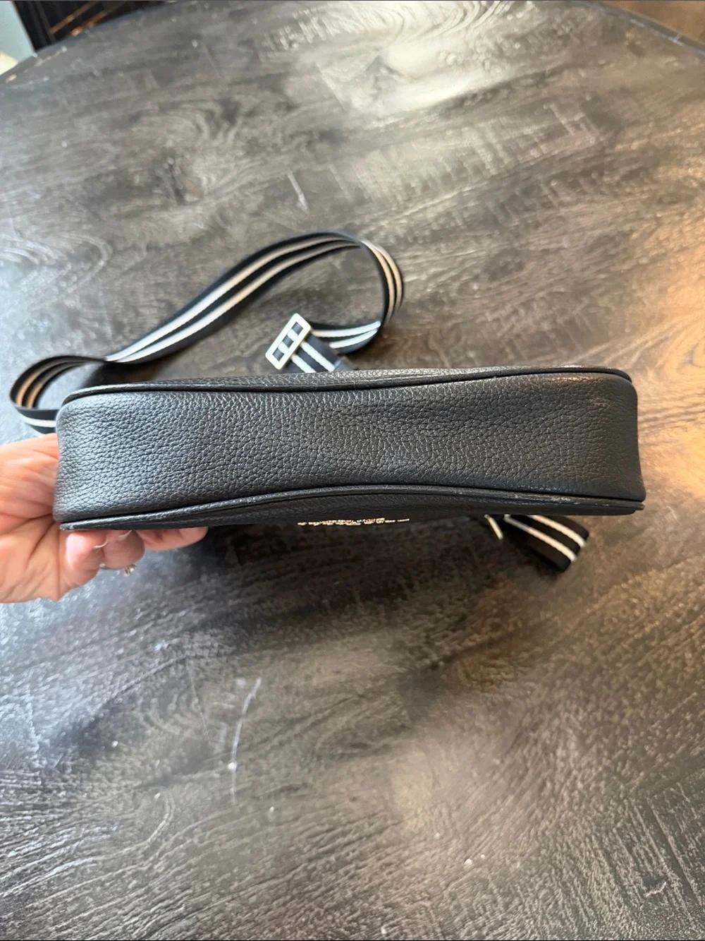 kate spade Black Pebbled Leather Crossbody with Striped Adjustable Strap